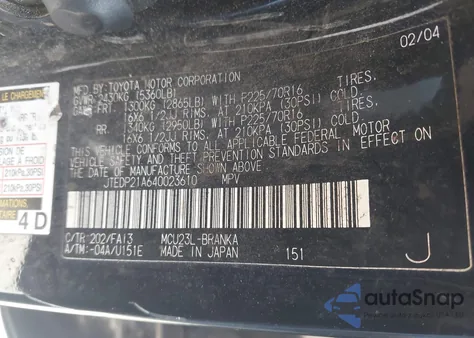 2004 Toyota Highlander V6 from USA, damaged, VIN JTEDP21A640023610